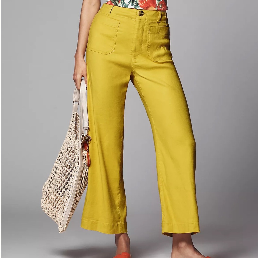 Anthropologie Colette Linen Chartreuse Wide Leg Pants